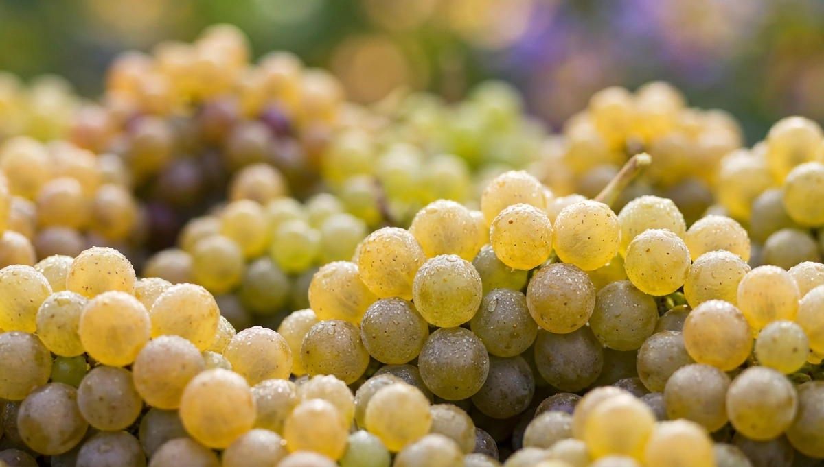 Makroaufnahme reifer weißer Trauben mit Tautropfen, frisch geerntete Weintrauben für hochwertigen deutschen Weißwein im Herbst.